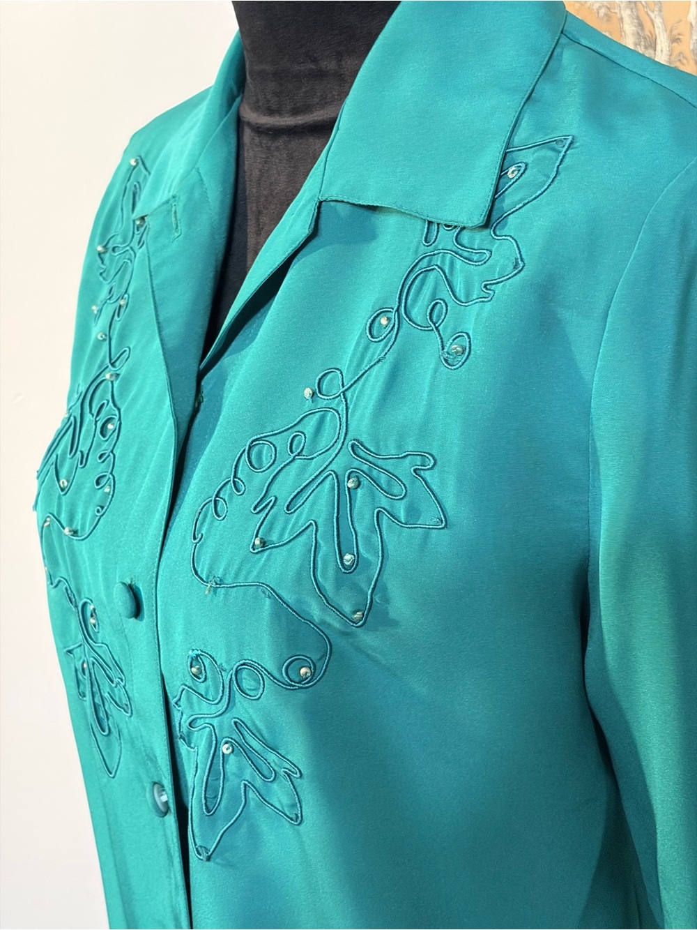 Embellished TealTop with Leaf Appliqué Polyester